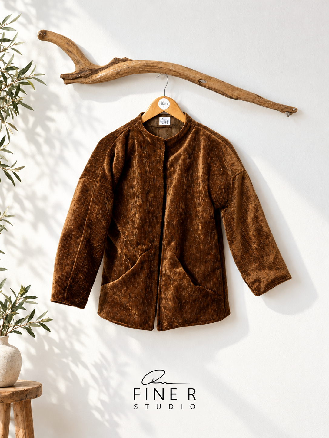 Copper tweed art jacket on driftwood hanger