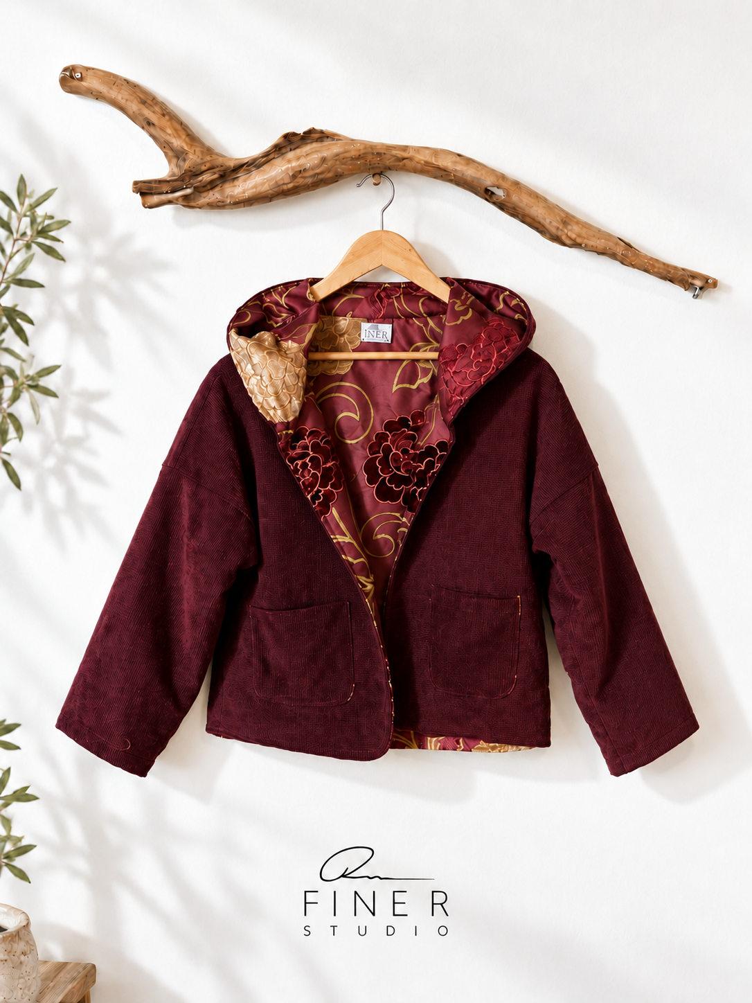 Burgundy hooded Fine R Studio jacket with patch pockets and contrasting red-and-gold floral lining, on a wooden hanger.