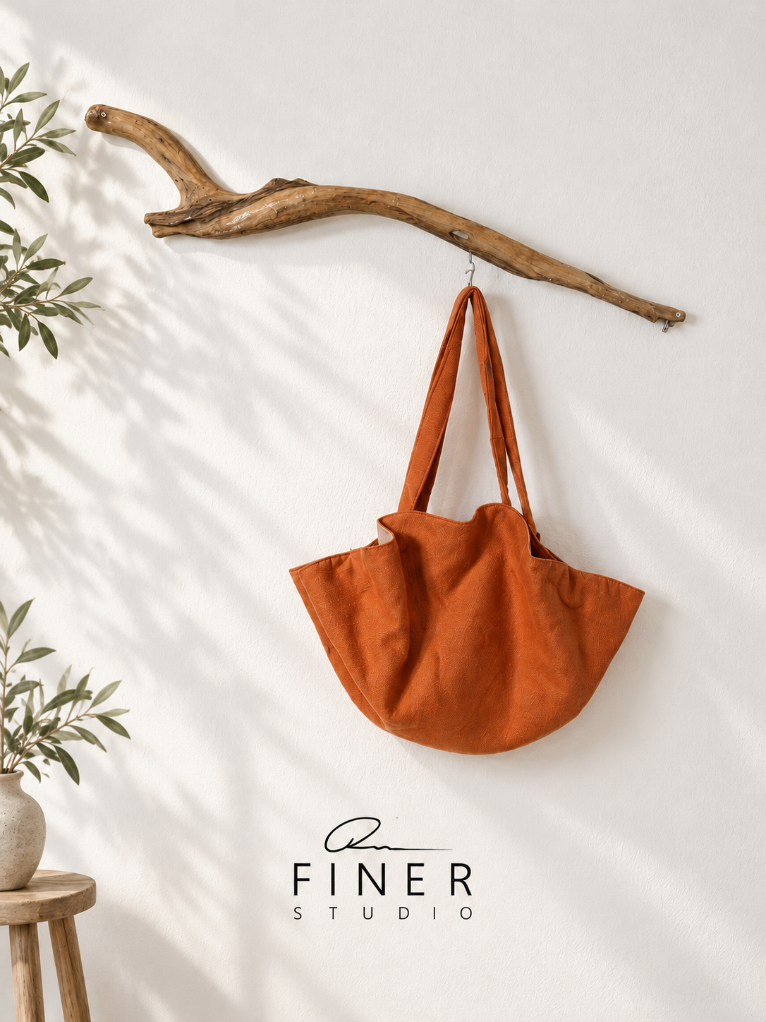 Fine R Studio burnt orange fabric shoulder bag with a rounded shape and long matching straps.