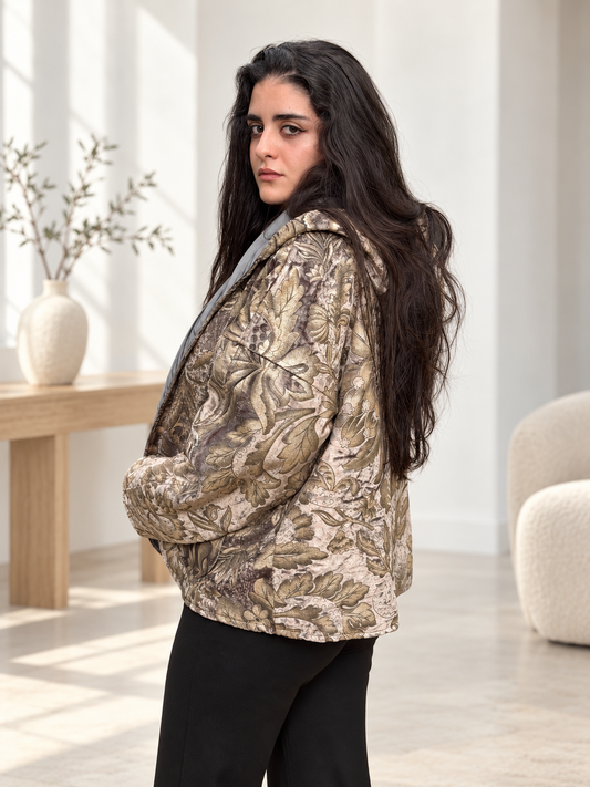 Antique floral Fine R Studio hooded jacket side view