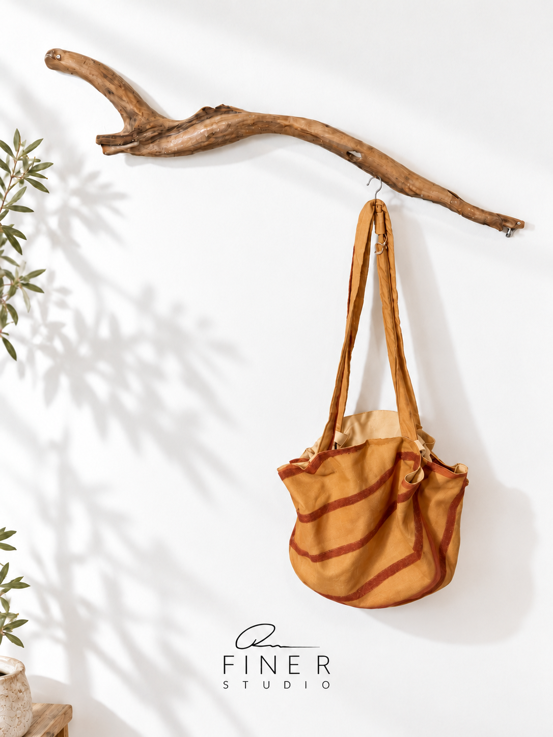 Fine R Studio mustard fabric shoulder bag with rust stripes and long matching straps.