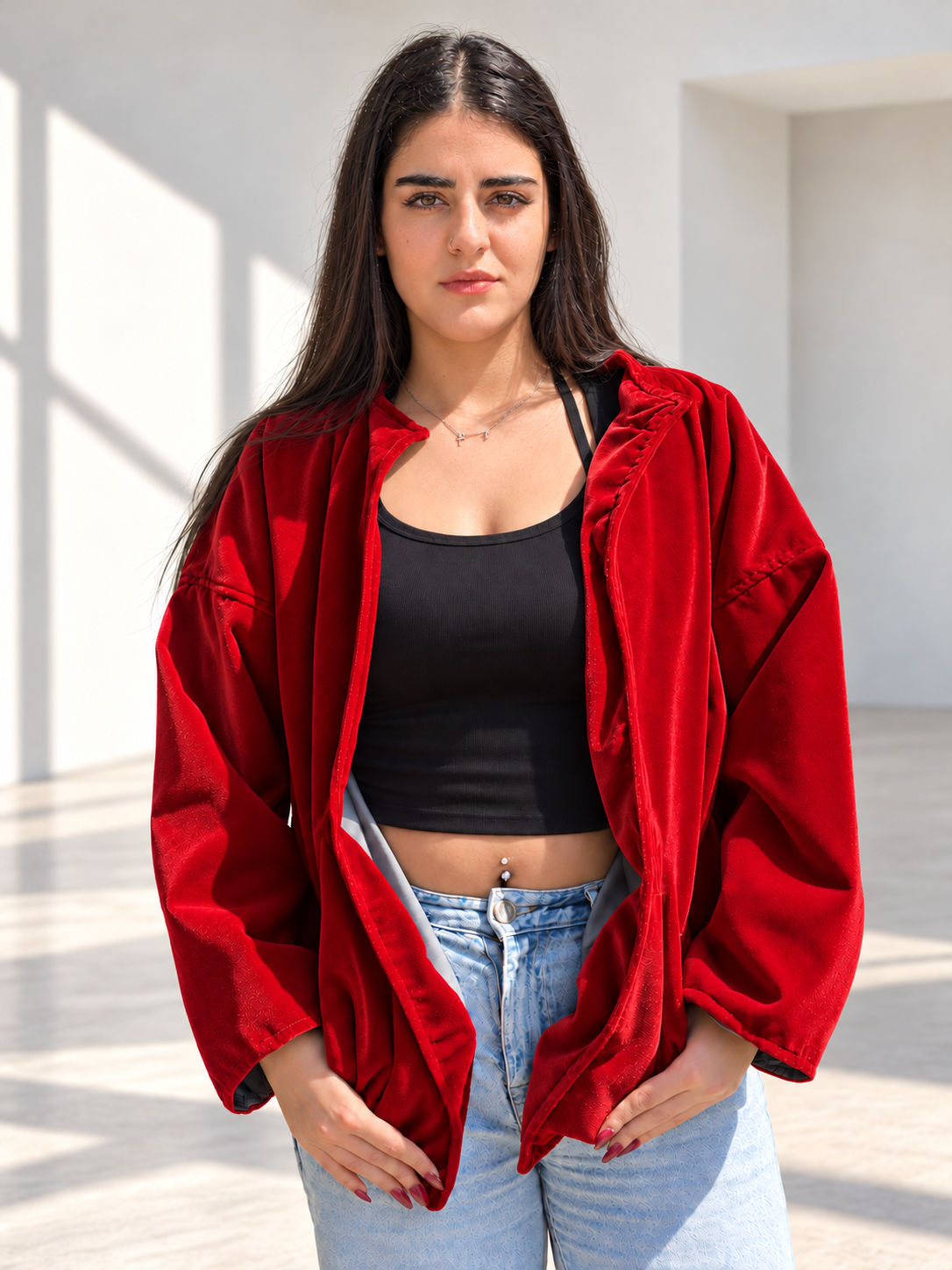 Front view of Fine R Studio red velvet art jacket with an open front and relaxed sleeves.
