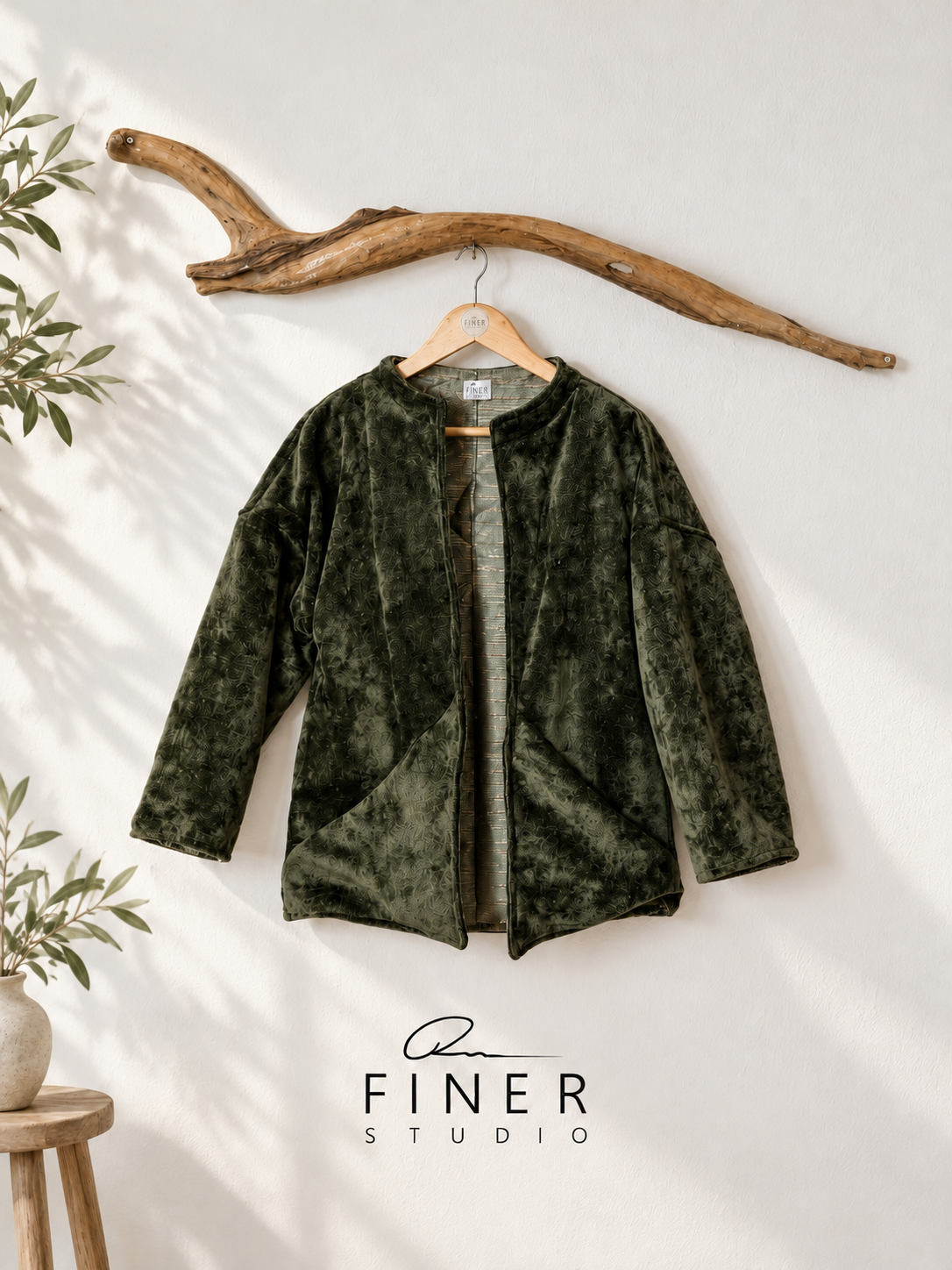 Olive textured art jacket on driftwood hanger