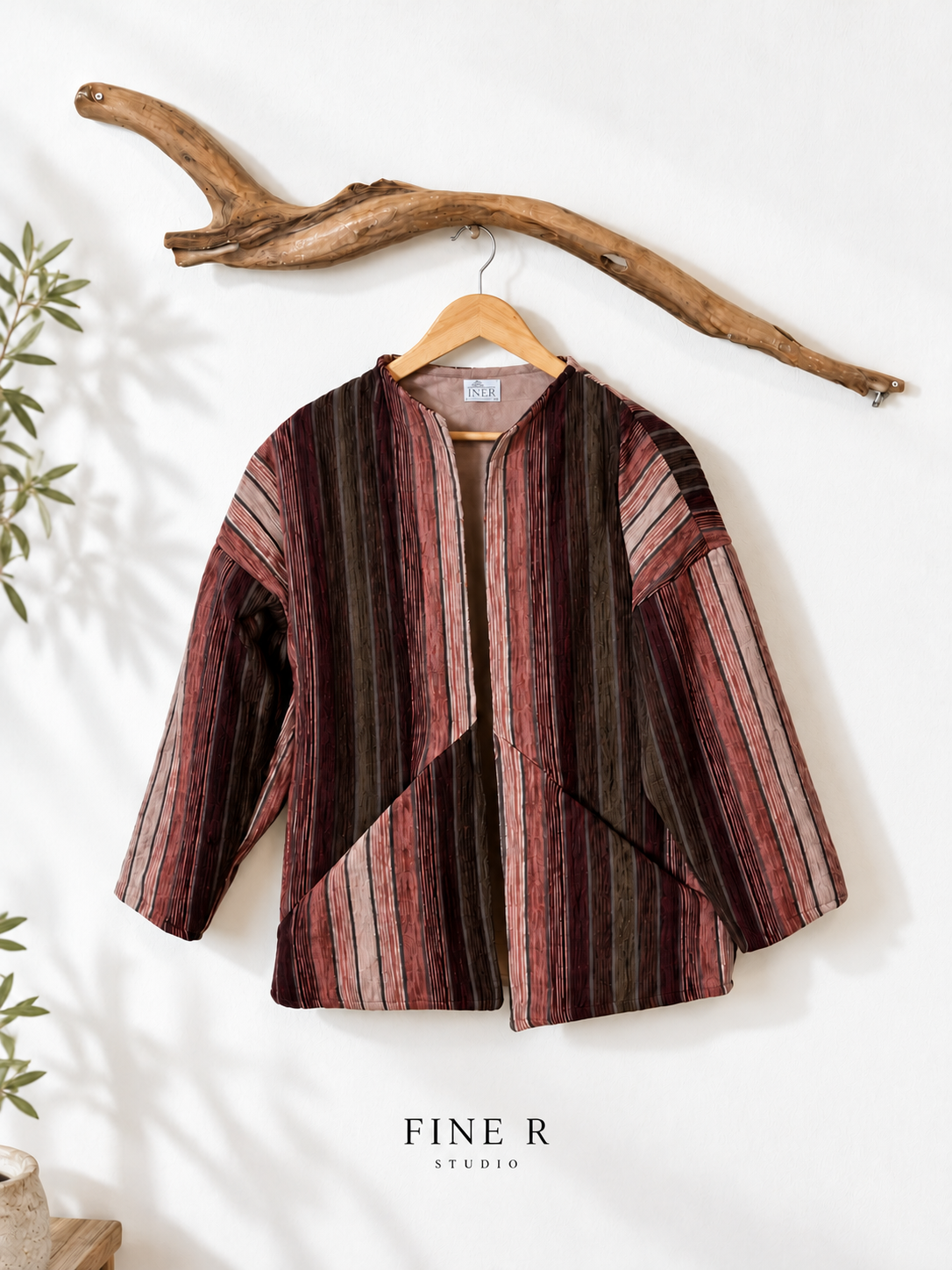 Mauve ivory striped velvet art jacket on driftwood hanger