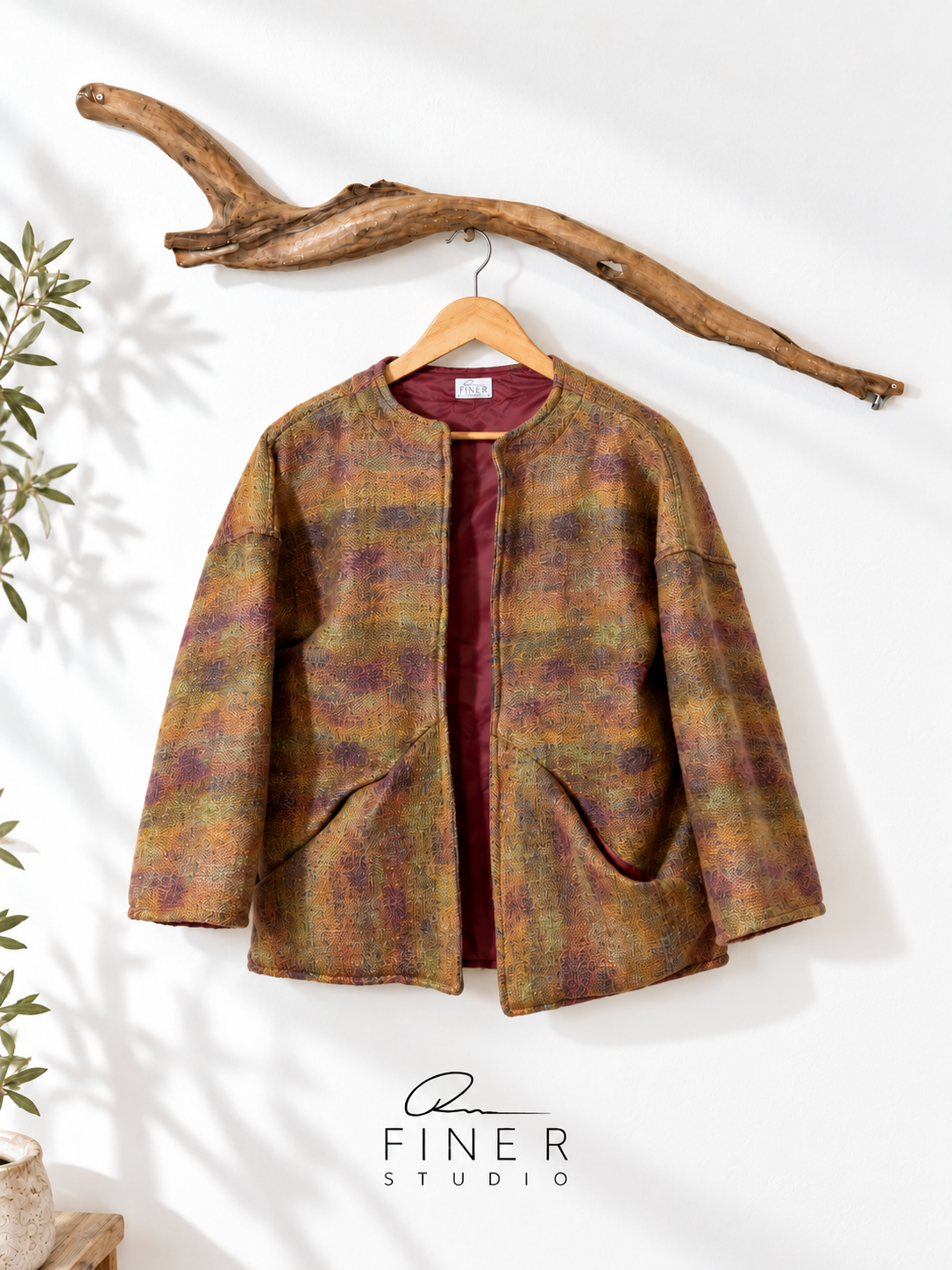 Fine R Studio multicolored jacket in ochre, rust and muted plum, with burgundy lining and curved pockets, on a wooden hanger.