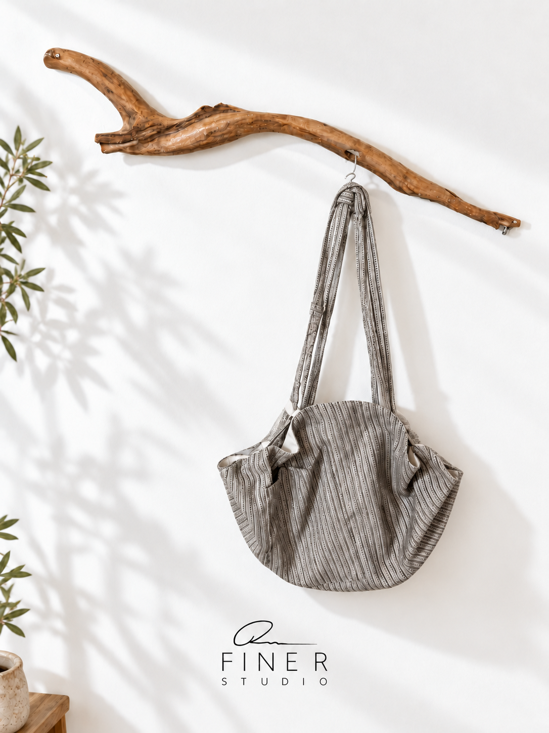 Fine R Studio grey and ivory striped fabric shoulder bag with long matching straps.