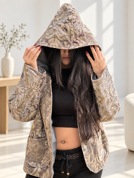 Antique floral Fine R Studio hooded jacket front view