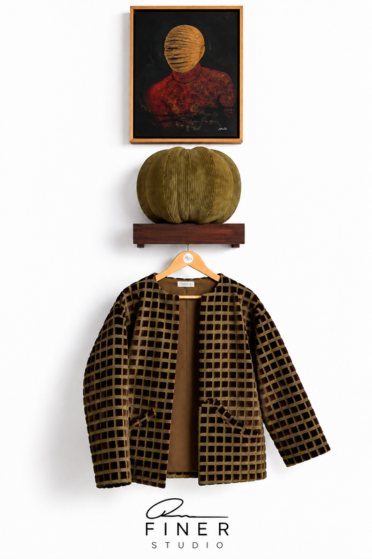 Fine R Studio olive and dark-brown grid-patterned open-front jacket, displayed beneath artwork and a sculptural cushion.