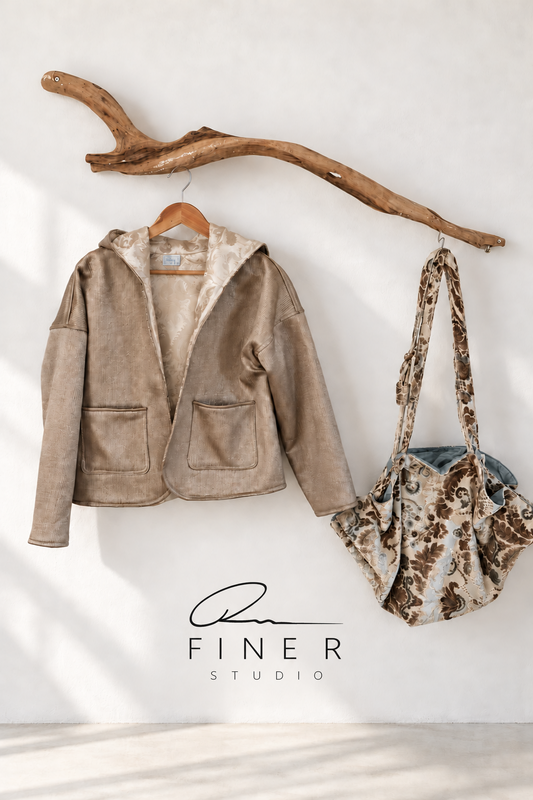 Fine R Studio taupe hooded jacket with patch pockets displayed beside a patterned bag